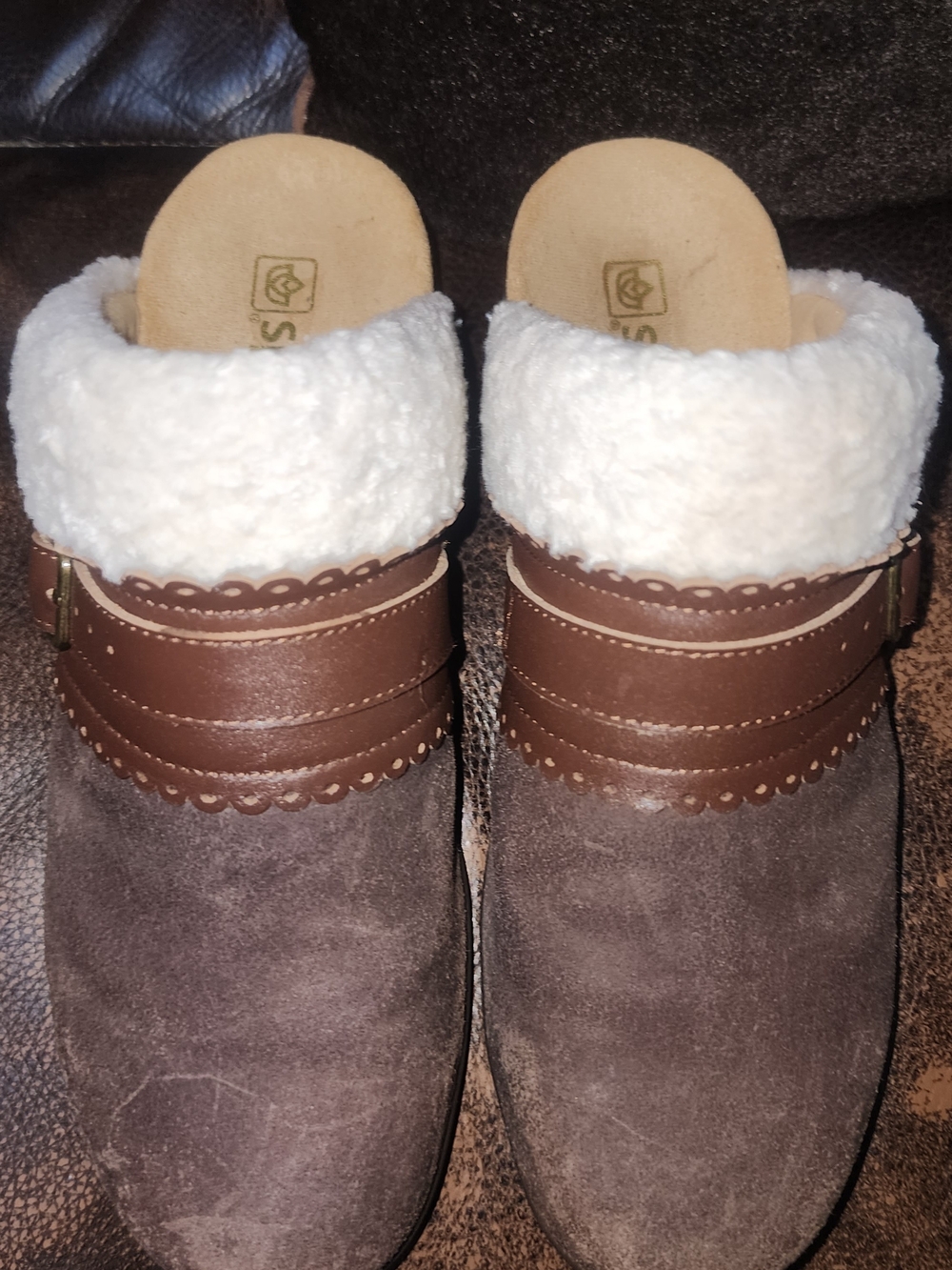 Women's Brown Suede Shearling-Trim Slip-On Mules
